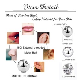 Besyvvin 20pcs Piercing Balls 3mm Stainless Steel Silver 1.2mm Replacement Balls Spike Black Gold for 16G Lip Eyebrow Septum Piercing