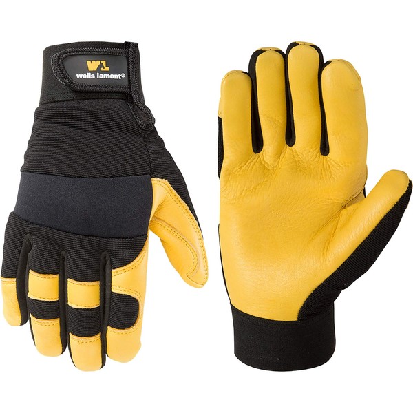 Men's Deerskin Leather Palm Hybrid Work Gloves, Large (Wells Lamont 3210), Black