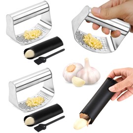 Suuker Garlic Press Rocker, Heavy Duty Stainless Steel Garlic Mincer Garlic Crusher, Garlic Chopper with Garlic Peeler and Cleaning Brush for Smash Garlic (2 Sets)