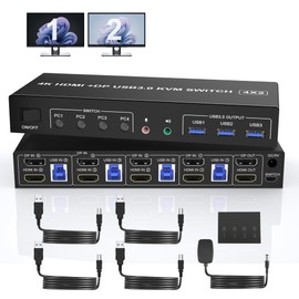 USB 3.0 Displayport+HDMI Dual Monitor KVM Switch for 4 PCs, 4K 60Hz KVM Switch 2 Monitors 4 Computers, with Audio Microphone Output and 3 USB 3.0 Ports, HDMI+DP Monitor Switch for 4 PCs 2 Monitors