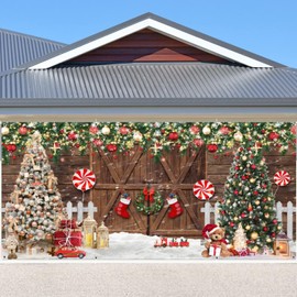 Christmas Garage Door Cover Decorations 7x16ft Large Barn Door Banner Christmas Garage Door Banner Candy Xmas Tree Winter Snow Background Hoilday Outdoor Wall Decor