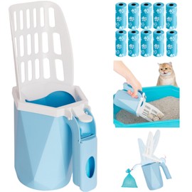 Cat Litter Scoop, Cat Litter Scooper with Holder for Litter Box Includes 10rolls (150pcs) Litter Bags, Large Shovel and Waste Storage Container, 3 in1 Portable Kitty Poop Disposal System (Blue)