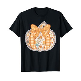 Vintage Patchwork Pumpkin Bow Women Girls Autumn Fall Gift T-Shirt