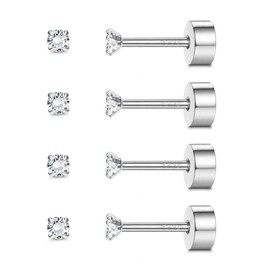Sllaiss 4Pairs 925 Stering Silver Stud Earrings 18G Small Barbell Cubic Zirconia Flat Back Earrings for Women White Gold Plated Cartilage Screwback Earrings Set Minimalism Jewellery（Round）