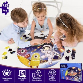 Kulveanju Children's Puzzle from 4 5 6 Years, 128 Pieces Floor Puzzle, Spaceship Puzzle, Large Children's Puzzle Toy Circular Puzzle for Boys and Girls 3-7 Years Gift, 42 x 42 cm