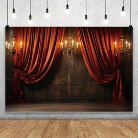 YongFoto Theater Stage Curtain Backdrop 10x8ft Royal Red Curtain Chandelier Candles Vintage Wall Floor Photography Background Birthday Wedding Prom Party Banner Portraits Photoshoot Wallpaper