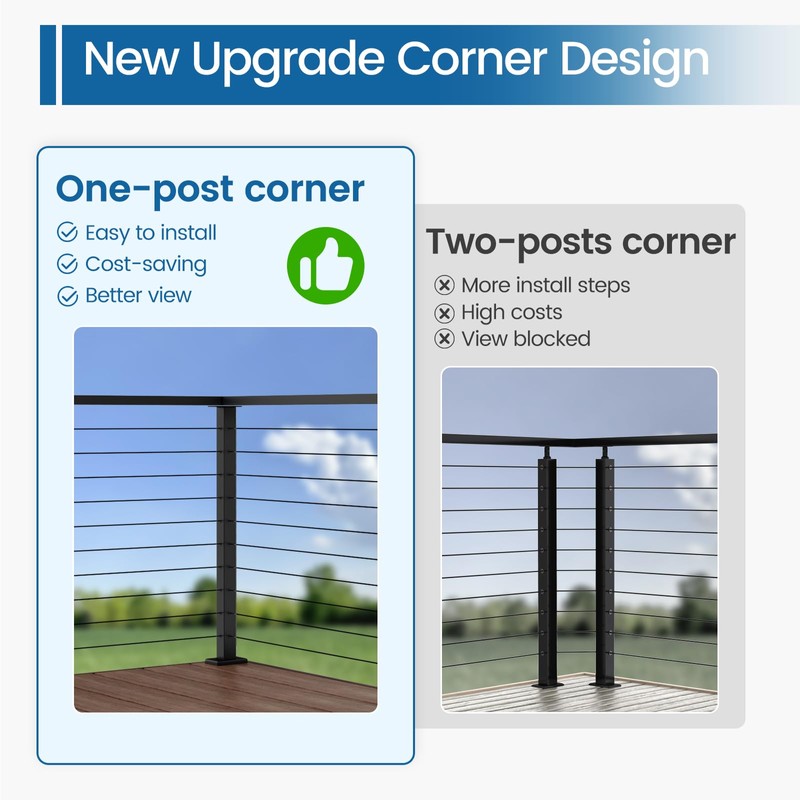 Muzata Aluminum Black Corner Cable Railing Post 36 Inch 36"X2"x2"