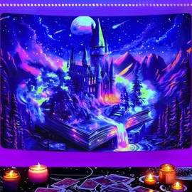Invoibler Blacklight Castle Tapestry UV reactive Tapestry Magic Tapestries Fantasy Tapestry Dream Forest Castle Landscape Wall Hanging for Bedroom Home(59.1 x 82.7 inches)