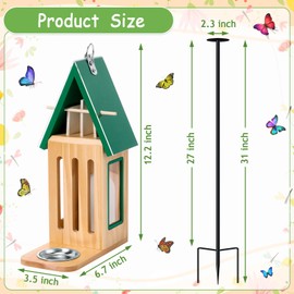 New Upgraded Butterfly House and Feeder for Outside - Wooden Butterfly House with Metal Stake for Garden Backyard, Natural Butterflies Habitat with Puddler on Floor or Hanging on Tree Wall