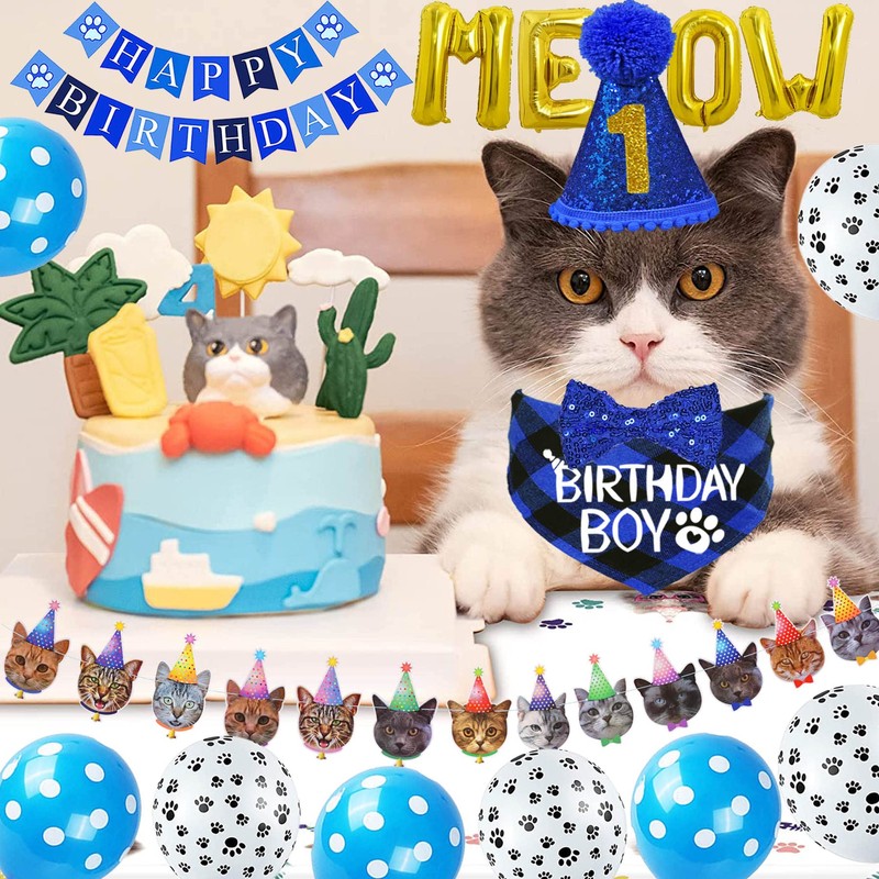 STMK Cat Birthday Party Supplies, Cat Birthday Hat Bandana Bow