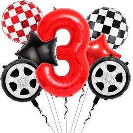7PCS Race Car Balloons - 40 Inch Number 3 Balloons - Tire Mylar Balloons for 3rd Birthday Party Decorations - Race Car Birthday Party Decorations