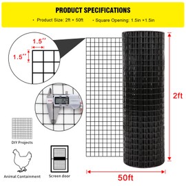 24'' x 50' 1.5inch Hardware Cloth 16 Gauge Black Vinyl Coated Welded Fence Mesh for Home and Garden Fence and Home Improvement Project