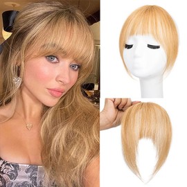 French Bangs Clip 0n Bangs 100% Real Human Hair Extensions for Women Clip in Hair extensions Fringe with Temples Hairpieces (Blonde2)