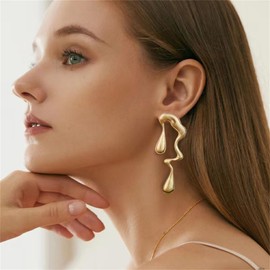 LPYO Irregular Waterdrop Earrings for Women Minimalist Alloy Gold Plated Abstract Geometric Statement Stud Earrings Vintage Boho Melting Liquid Asymmetrical Teardrop Earrings Jewelry Gifts (gold)