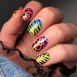 24Pcs Leopard Press on Nails Short Square Fake Nails Colorful Cheetah Print Nails Rainbow Glitter Design Summer Glue on Nails Full Cover Acrylic False Nails Reusable Stick on Nails for Women