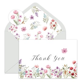 AnyDesign 24 Pack Wildflower Thank You Cards Bulk Pink Flower Greeting Cards with Envelope Sticker Floral Blank Note Cards for Birthday Wedding Baby Shower Bridal Shower, 4 x 6 Inch