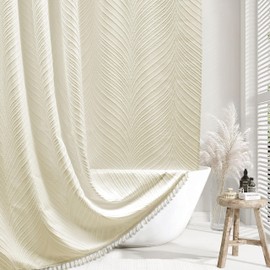 Siiluminisoy Extra Long Beige Boho Shower Curtain Woven Fabric Cute 84 Inch Shower Curtain, 72 x 84 Tufted Leaves Textured Striped Modern Farmhouse Minimalist Cloth Shower Curtain for Bathroom