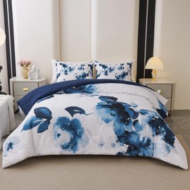 Koniroom 3 Pieces Blue and White Floral Comforter Set Queen Size, Flower Bedding with Watercolor Flowers Printing for Women, Reversible All Season Comforter with 2 Pillow Shams