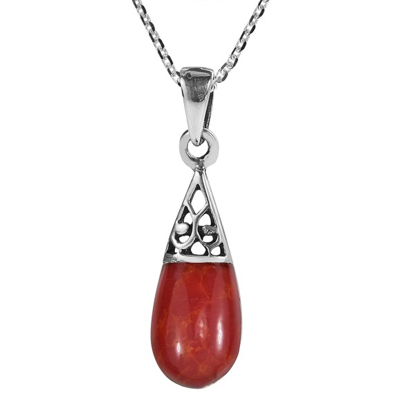 AeraVida Filigree Swirl Teardrop Reconstructed Red Coral Inlay .925 Sterling