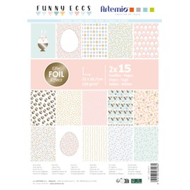 Artemio Paper Pad Funny Eggs Motif 30 Sheets Foil Finished Easter Single Sided White Scrapbooking Greeting Cards Creative Decoration Ideas Lignin and Acid Free Design Paper
