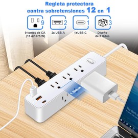 Meeyoga Multicontacto Regleta Extension Electrica con Protector Supresor de Picos Voltaje, Enchufe Plano, 1.4m,9 Salidas y 3 USB (2 USB-1C),Excelente para Oficina y Hogar (Blanco)