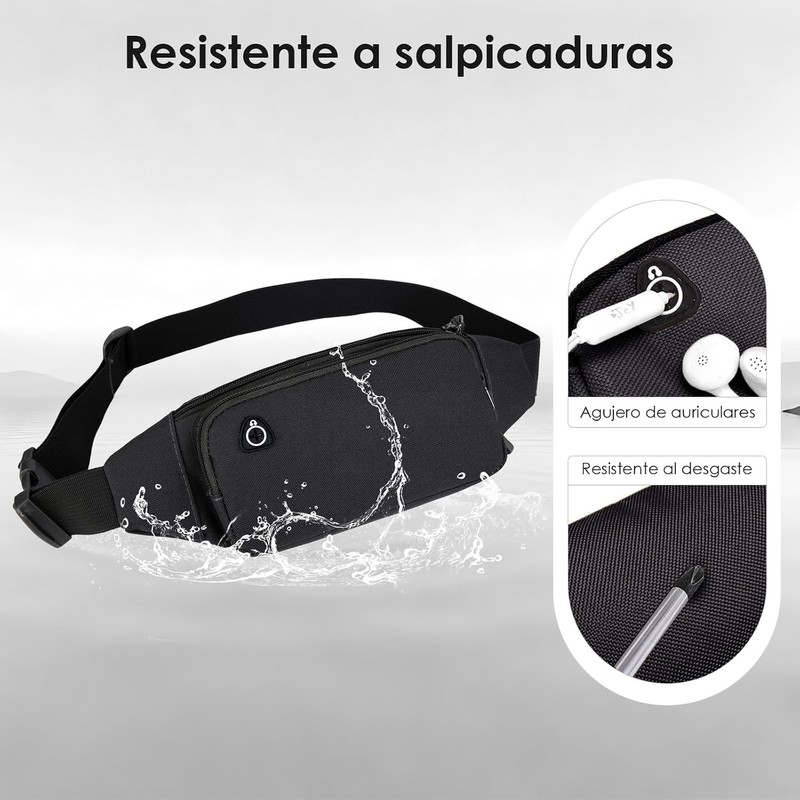 Riñonera Deportiva Impermeable, Multifuncional con Cremallera(Negro)