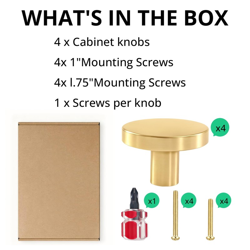 4 Pack Brushed Brass Solid Knobs Gold Kitchen Cabinet Pull