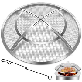 Fire Pit Spark Screen,24 Inch Fire Pit Screen Cover Stainless Steel Outdoor with Handle&Poker,Firepit Screens Cover Round Mesh Lid Heavy-Duty Steel Replacement for Backyard/Beach/RV Camping