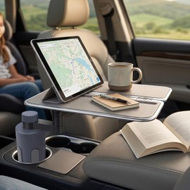 POCREATION Portavasos para Automóvil, Mesa con Bandeja, Bandeja Plegable para Comida para Automóvil con Portavasos, Escritorio para Giratorio de 360 ​​​​° y Soporte para Teléfono