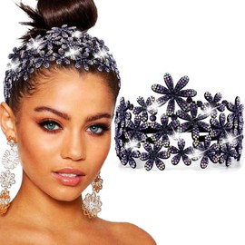 Bouory Rhinestone Wide Headband Glitter Flower Hairband Crystal Turban Head Bands Non Slip Headhoop for Women (Light purple)