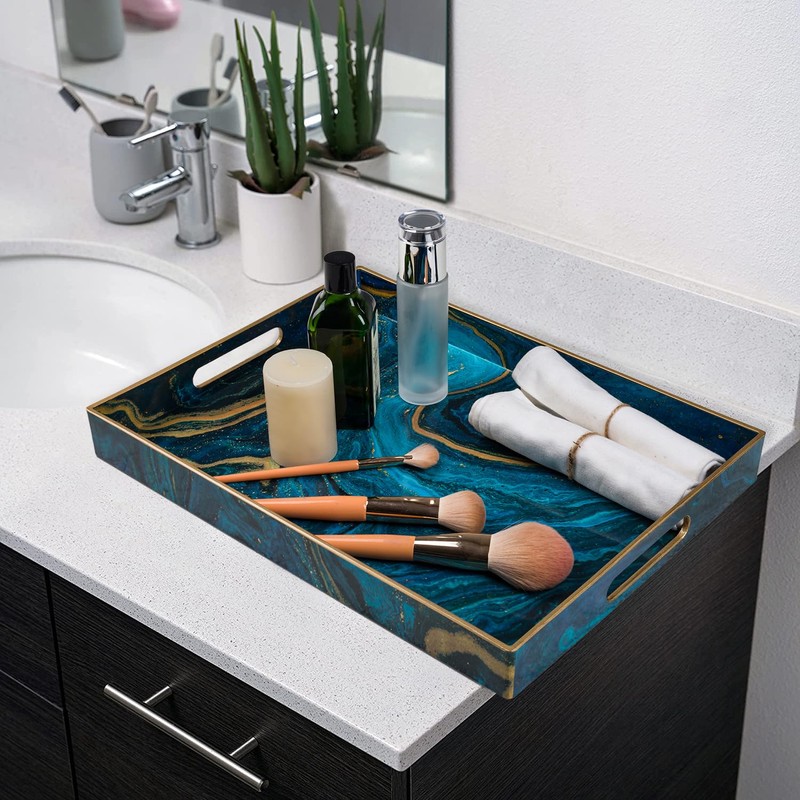 MAONAME Plastic Decorative Tray, Marbling Tray with Handles, Rectangular Coffee