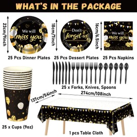 184pcs We Will Miss You Party Supplies Going Away Party Plates Napkins Cups Tablecloth Swirl Banner Farewell Decorations Party Disposable Tableware Kit Retirement Party Decoration for Leaving Serve 25