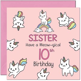 10th Sister Birthday Card - Funny Cat Cute Sister's Birthday Card for 10 Year old Kids ten, tenth