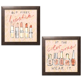 Gango Home Decor Glam Geo Beauty and Sass I - Wear It & Geo Beauty and Sass II - Lipstick First by Sue Schlabach (Ready to Hang); Two 12x12in Brown Framed Prints