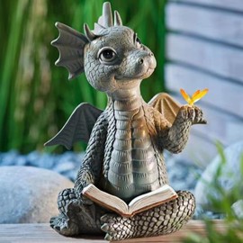 Baby Dragon Reading Book Statue, Garden Dragon Statue Resin Dinosaur Outdoor Sculptures Yard Art Dragon Sculpture Figurines Cute Dinosaur Holding Butterfly Figurines