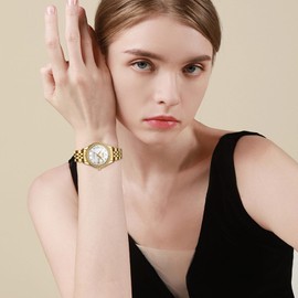 Oidea Couple Quartz Watches for Women: Luxury Full Rhinestones Diamond Bezel Round Dial Wrist Watch Waterproof Luminous Calendar Week Date Business Dress Watch Valentine's Day Gift, White