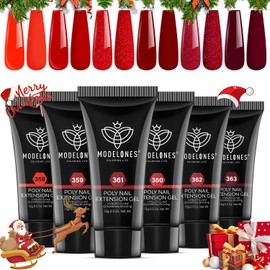 modelones Poly Nail Gel Set, 6 Colors Popular Red Collection Bright Wine Burgandy Glitter Poly Extension Gel Dark Bloody Red Builder Gel for Starter Home DIY Manicure Nail Art Christmas Gift