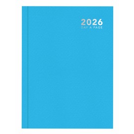 2026 A5 Day a Page Diary - Full Year Hardback Casebound Planner - for Home Office School & Work (Bright Blue)