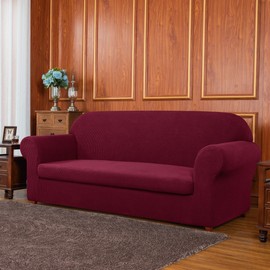 SUBRTEX Sofa Cover 2-Piece Stretch Couch Slipcovers Elastic Furniture Protector for Kids,Soft Spandex Jacquard Fabric Small Checks (Loveseat, Wine)