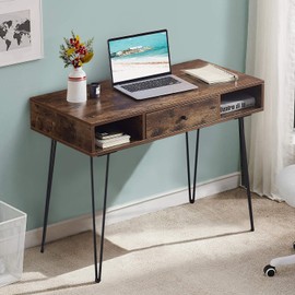 VECELO 39.3" Home Office Work Table with Drawers Computer Desk Writing/Study, 39 Inch Hairpin Legs, Charcoal Grey