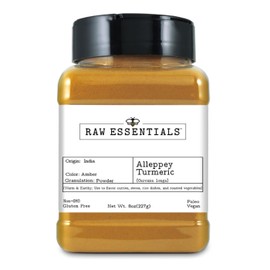 Raw Essentials Turmeric Alleppey Powder – Curcumin 5% – Warm & Earthy Flavor – Perfect for Curries, Stews, Rice & Roasted Vegetables – Non-GMO, Gluten Free, Vegan, Paleo – 8oz Bottle