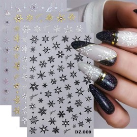 Christmas Snowflake Nail Stickers, Christmas 3D Self-Adhesive Nail Art Decals - with Diamonds, Black,White, Gold,Silver Snowflake Elk Design for DIY Manicure Winter Xmas DIY Nail Decorations 4 Sheets