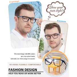 MARE AZZURO Retro Big Reading Glasses 1.5+ Men Lightweight Readers 1.00 1.25 1.50 1.75 2.00 2.25 2.50 2.75 3.00 3.50 4.00 5.00 6.00 (Blue, 150)