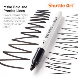 Shuttle Art Whiteboard Markers, Erasable Marker Pens, Black, 15 Pack Magnetic Magnet with Eraser, Black, Durable Dry Erase Markers, Write on Glass, Plastic, and LED Signs for Office, Work, Home