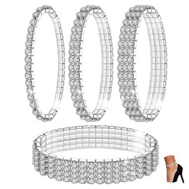 Kucheed Pack of 2 Sparkling Diamond Anklets for Women, Elastic Crystal Silver Tone Sparkling Charm Foot Jewellery Bangle, Bling Shiny Rhinestone Bridal Tennis Bracelet Gift