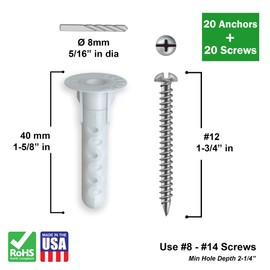 TOGGLER Alligator AF8 Flanged Anchor with Screws, Polypropylene, Made in US, for #8 to #14 Fastener Sizes (Pack of 20)