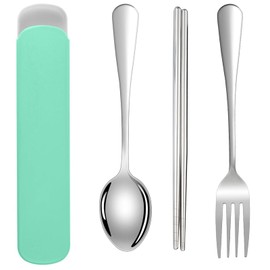 DOETYD Travel Cutlery Set 3 PCS Stainless Cutlery with Portable Pouch Case Reusable Fork Spoon and Chopsticks Set for Camping Picnic School Office Lunch (Green)