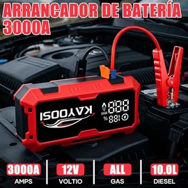 Kayoosi Arrancador de Batería de Coche Portátil 3000A 12V, con Pantalla LCD, Luz LED, Carga Rápida USB y Caja de Almacenamiento - Rojo y Negro