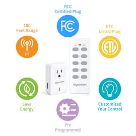 Syantek Remote Control Outlet Wireless Light Switch for Household Appliances, Expandable Remote Light Switch Kit, Up to 100 ft Range, White (5 Outlets + 2 Remotes)
