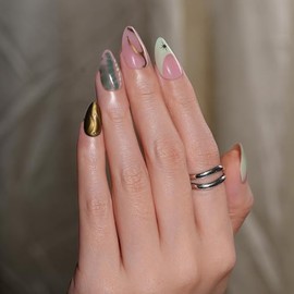 Frinail Green French Tip Press on Nails Almond, Gold Line Irregularity Stars Design Glue on Fake Nails Full Cover Glossy Chrome Artificial Stick on French Tip False Nails for Women,30Pcs